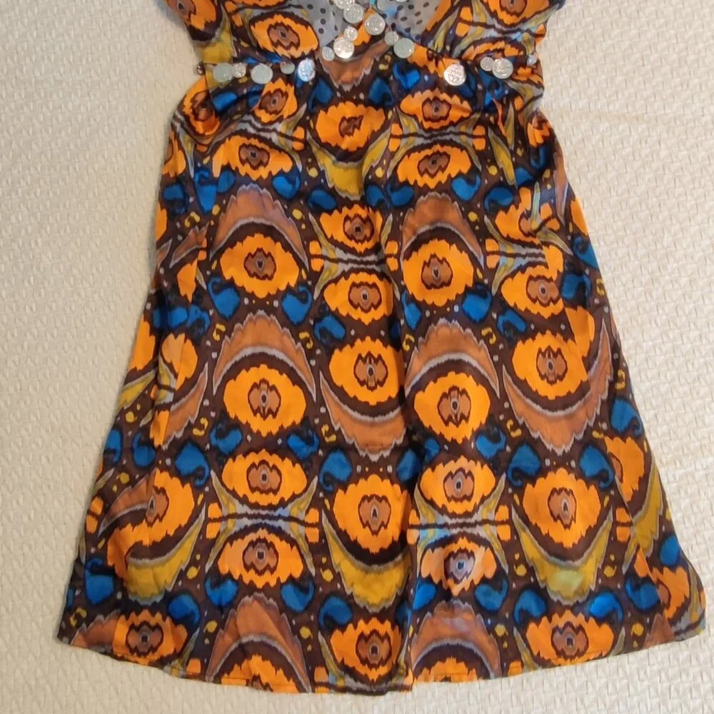 Plenty Tracy 100% Silk Geometric Coin Embellished Dress Size 4 Orange Gray Boho - Picture 3 of 6
